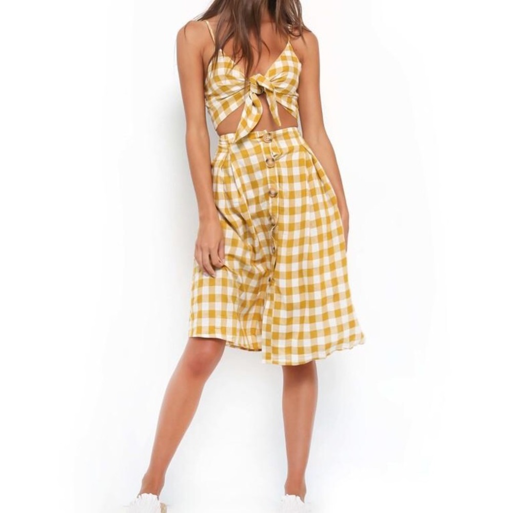 Reverse yellow gingham crop top and skirt set